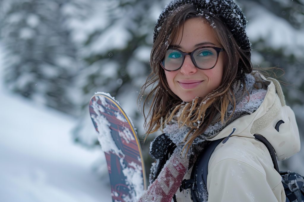 happy woman enjoying snowboarding